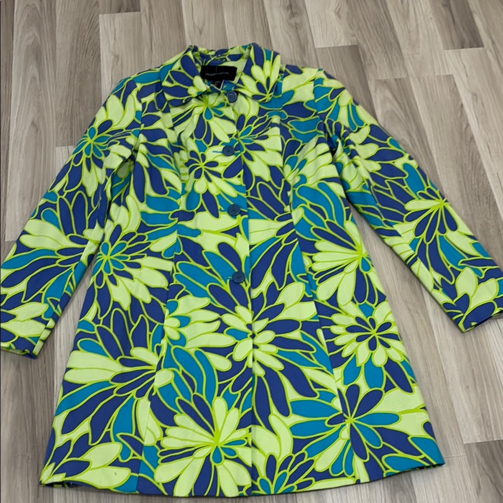 Moda International‎ Blue and Neon Green Floral Trench Jacket Size L NWOT